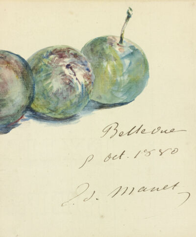 En-tête de lettre (Trois prunes),1880,Watercolor and pen and ink on paper,18.4x12.7cm