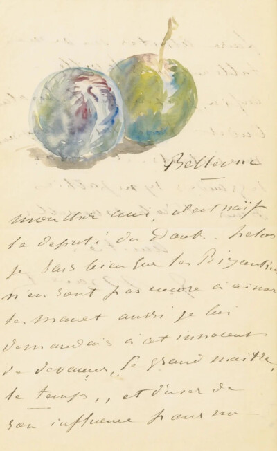 Deux Reines-Claudes (Lettre à un ami),1880,Watercolor and pen and ink on a folded sheet of writing paper,20x12.5cm