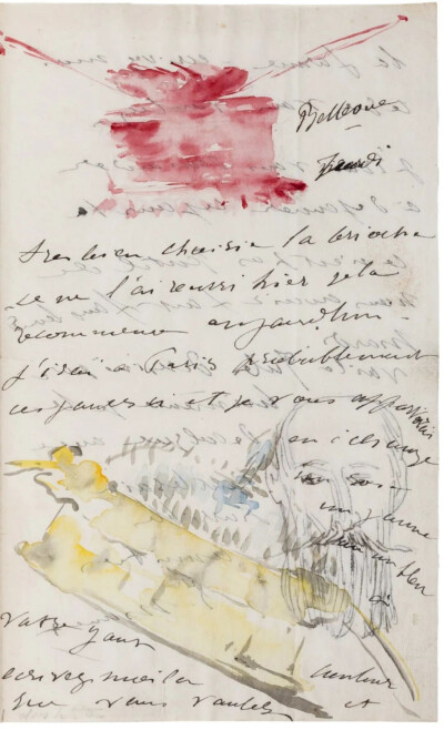 Lettre illustrée et inédite à Mme Jules Guilleme,1880,Aquarelle et lavis d'encre,portrait et écriture à l'encre noire,plume,20×12.4cm