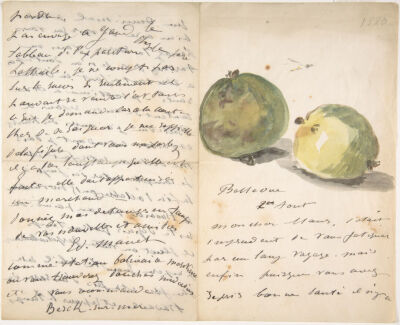 A Letter to Eugène Maus, Decorated with Two Apples,1847–1881,Watercolor, pen and ink on wove paper,20.1x24.8cm