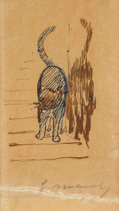 Chat et son Ombre,1880,Pen and ink heightened,blue and brown wash on paper,11.9x7cm