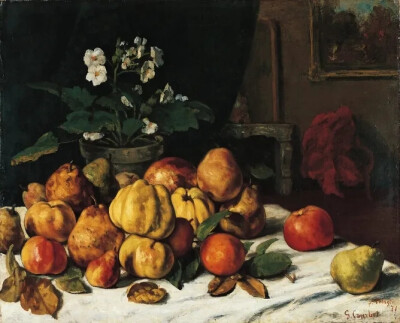 桌子上的苹果、梨和报春花，古斯塔夫·库尔贝，
1871-1872，诺顿西蒙艺术基金会
