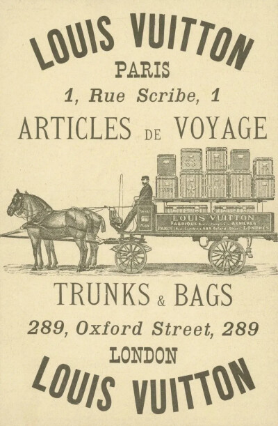 1887年的路易威登广告 / 高耸于马车却仍旧平稳置放的手提箱，突出其设计优势
