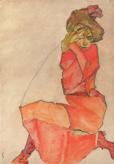 穿橙红色衣服的少女埃贡·席勒1910年，黑炭笔、水彩、纸44.9cm x 31.4cm
奥地利维也纳，利奥波德博物馆