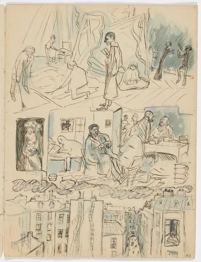 Au théâtre de l'oeuvre, les bureaux de la Revue Blanche, les toits de Paris,1910,Traits d'esquisse au crayon graphite, plume et encre brune et noire, lavis brun et lavis bleu,31.5x27.5cm
绘图分为上中下三个部分。最上边的部分代表了吕涅-坡（站）和他的妻子苏珊娜·德普雷（坐）在剧院排练这部作品，而塞鲁西埃、维亚尔和博纳尔负责绘制布景。中间部分显示的场景发生在 La Revue Blanche 的办公室。右边是纳坦森兄弟；奥克塔夫·米尔博和亨利·德·雷尼耶在前景中讨论；左边是费利克斯·费内翁（Félix Fénéon）坐在办公桌前，朱尔斯·雷纳德（Jules Renard）（在门口）。墙上还有米西亚的肖像。最下边一部分代表了皮埃尔·博纳尔工作室的巴黎屋顶景观。这个视角让人想起从上方看到的街角（Vollard 于 1899 年出版的《巴黎生活的某些方面》的石版画之一）或《La Rue Tholozé》。
