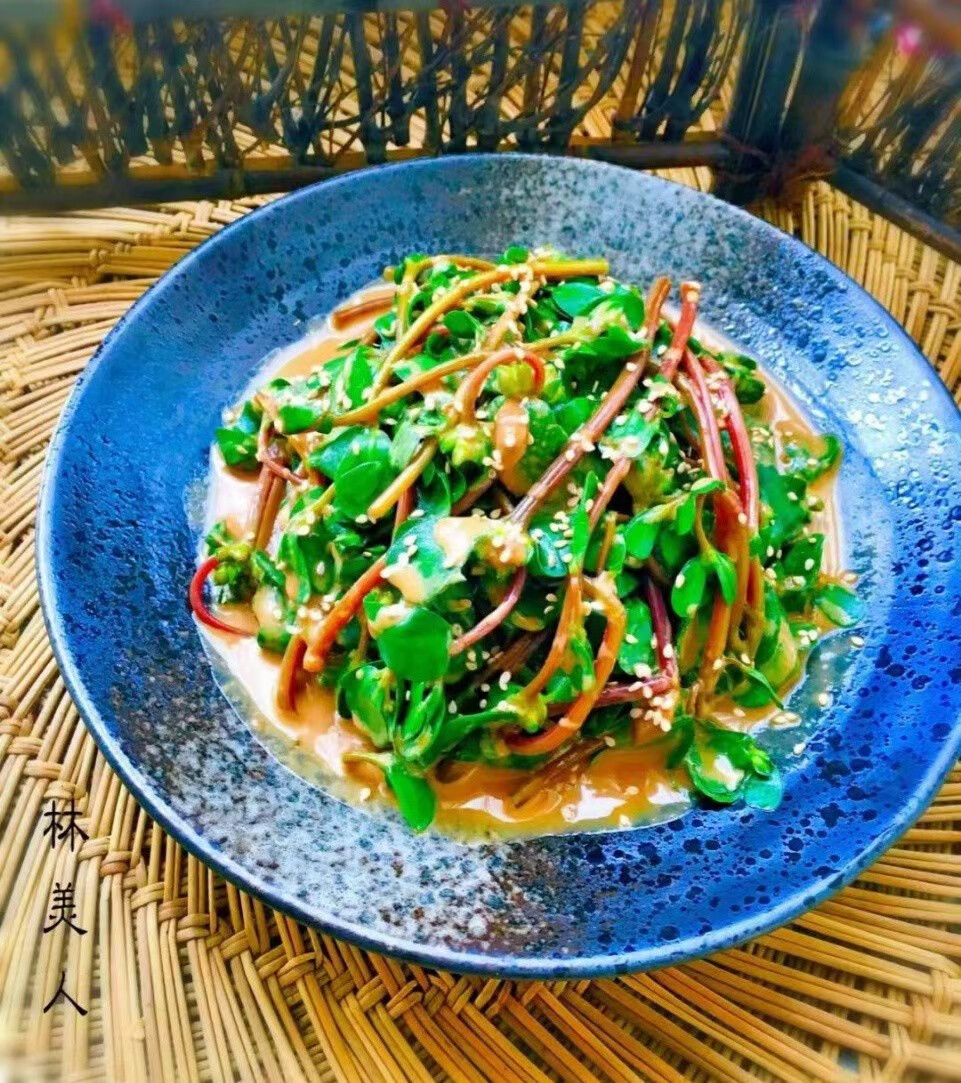 每日一素：
学做各种各样的素✨食，第一为了自己身体健康，营养均衡，第二做出健康漂亮的素✨食能感染到周围的朋友参与吃✨素，多一盘素✨菜就会少一盘荤菜，环保地球！让世界变的更加美好！
麻酱马齿苋
食材：马齿苋，芝麻酱，盐，蘑菇精，生抽，麻油
做法:
1、马齿苋摘洗干净，倒入开水中焯水至断生，捞出过凉开水；
2、酱汁：芝麻酱、盐、生抽、蘑菇精、麻油和适量凉白开稀释调拌均匀；
3、马芷苋捞出沥干水份切长段，淋上麻酱汁调拌均匀即可食用。
​