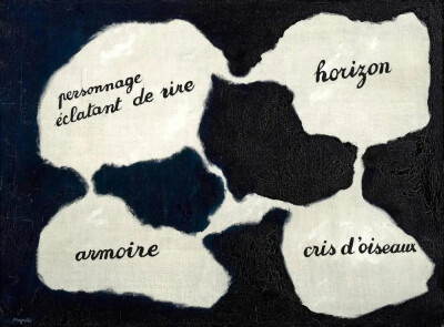 生活的镜子，马格利特，1928，博伊曼斯·范伯宁恩博物馆
“personnage éclatant de rire”（大笑的人）、“horizon”（地平线）、
“armoire”（橱柜）和“cris d'oiseaux”（鸟鸣声）
