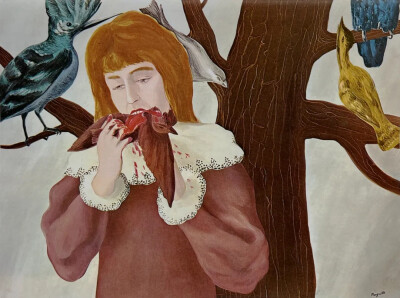 吃鸟的少女（又名“欢愉”）
勒内·马格利特
1927年；布面油画
74cm × 97cm
德国杜塞尔多夫，北莱茵一威斯特伐利亚艺术馆
