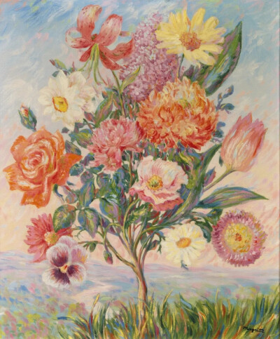 预谋，马格利特，1943，未知
看似“雷诺阿”的风格，在马格利特笔下却透露出些许诡异——注意到了吗？那些花是直接从树枝上长出来的。
