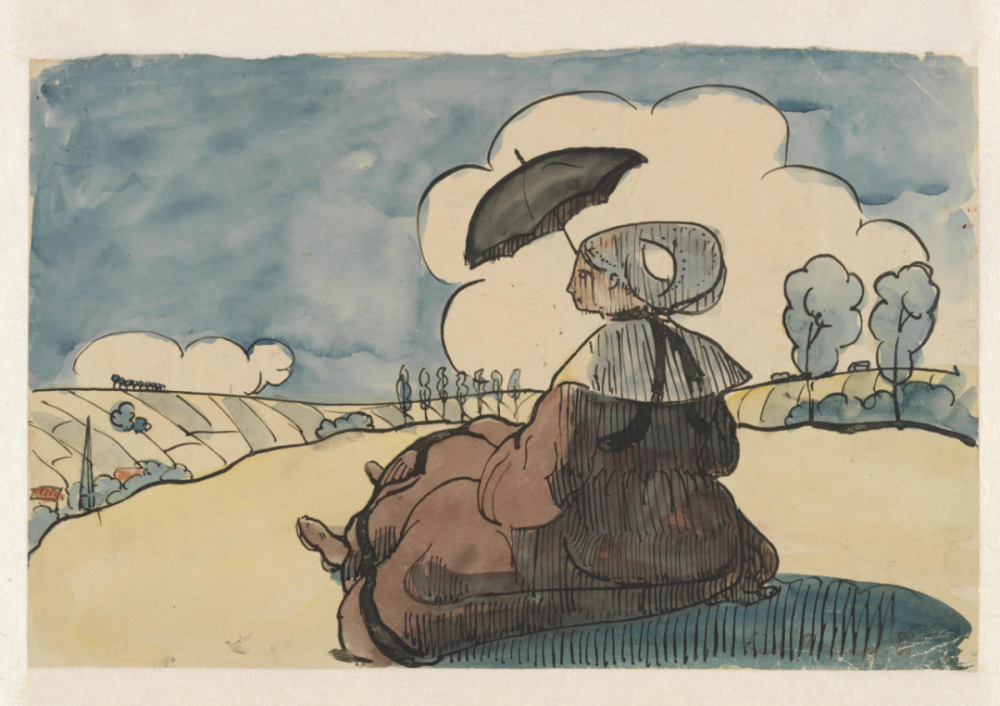 Breton Woman with a Parasol,1888,Reed pen and ink and watercolour on paper,20.2x31cm