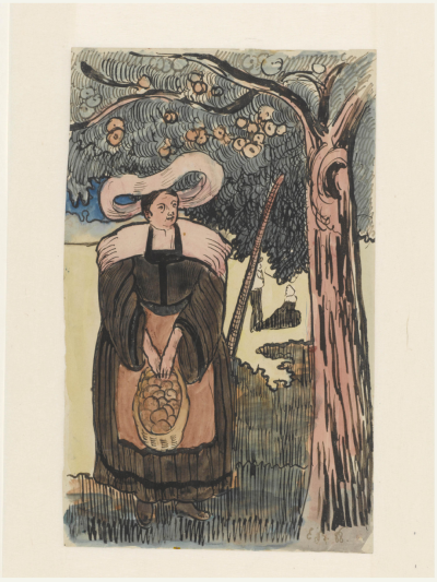 Breton Woman in an Orchard,1888,Reed pen and ink and watercolour on paper,31.2x19.1cm
