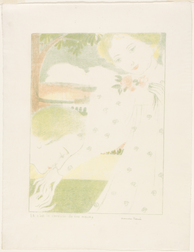 And It is the Caress of Their Hands, plate eight from Love,1898–1899,Lithograph in green, peach, and yellow on light ivory wove paper,38.8×28.5 cm