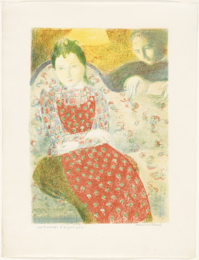 On the Pale Silver Sofa, plate ten from Love,1898–1899,Lithograph in red, green, blue, and yellow on light ivory wove paper,41×29.4cm