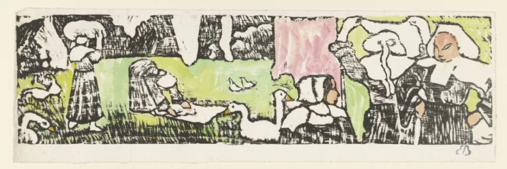 Laundry (La lessive),1889 (production), 1952 (edition of photomechanical reproduction),Woodcut in black, coloured by hand with watercolour, on wove paper,28x45.6cm