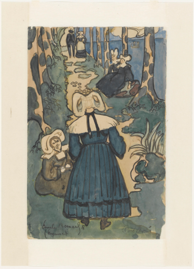 Avenue in Brittany with Figures,1888,Pencil, reed pen and ink and watercolour on paper,30.8x20.2cm