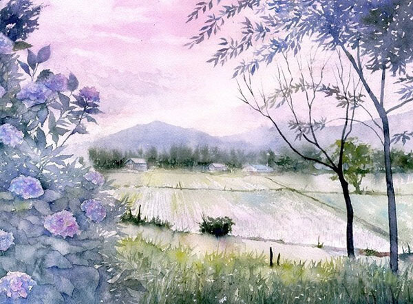 和风系列—— 藤枝水彩唯美风景画