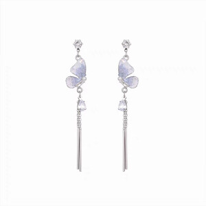 夏天蓝色水晶蝴蝶耳环女小清新长款耳坠高级感海边度假风流苏耳饰