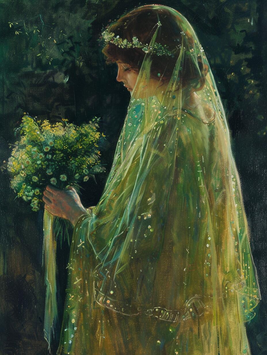 油画戴花环的墨绿少女​​​