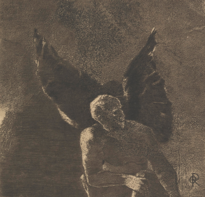 Gloire et louange à toi,Satan,dans les hauteurs,Du Ciel où tu régnas, et dans les profondeurs,De l'Enfer,où vaincu,tu rêves en silence!from the series Les fleurs du mal,1890,Photogravure in black on s…