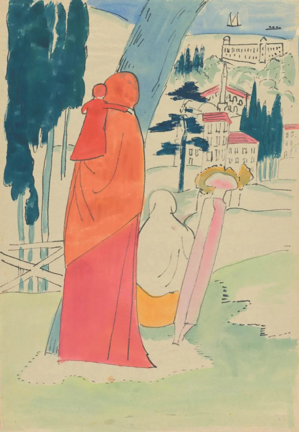 Woman with Child on Back in Graveyard from the series Constantinople,1893,Pen and ink and watercolour on paper,40.8x28.3cm