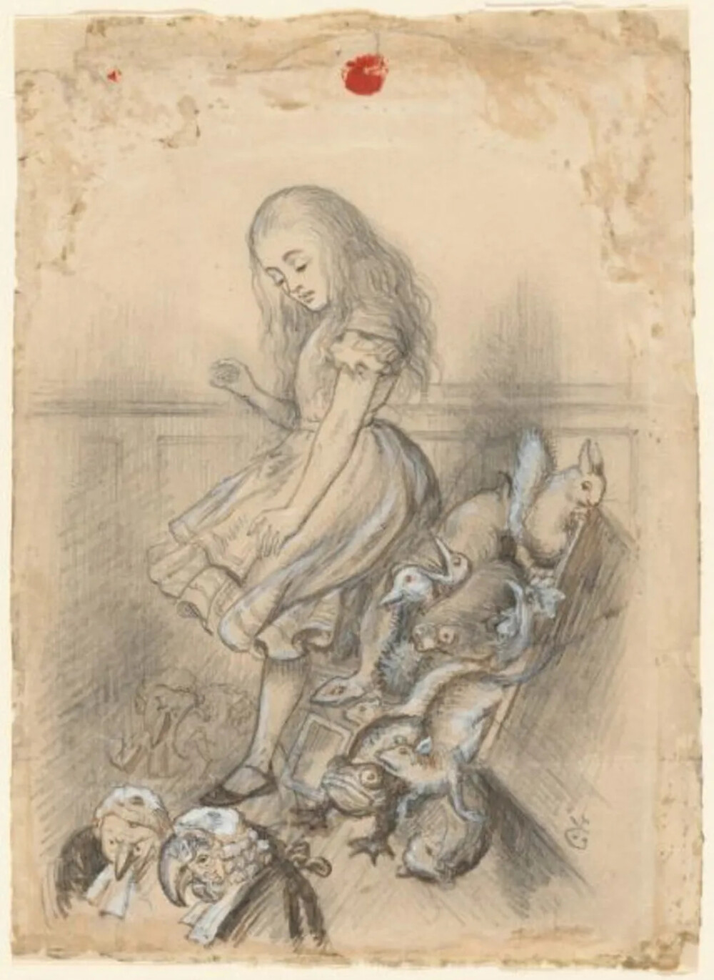 丹尼尔以铅笔与粉彩所画的草图，这个爱丽丝更带有一种空灵感（Wikimedia Commons）