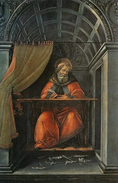 桑德罗‧波提切利
《书房中的圣奥古斯丁》
（St. Augustine in His Study）
1490-1494年，面板蛋彩画，41cm×27cm
乌菲兹美术馆
