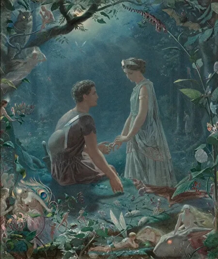 约翰‧西蒙斯（John Simmons）
《〈仲夏夜之梦〉中的赫米娅和拉山德》
（Hermia and Lysander, “A Midsummer Night’s Dream”）
1870年，水彩加水粉，91.4cm×73.7cm
私人收藏
