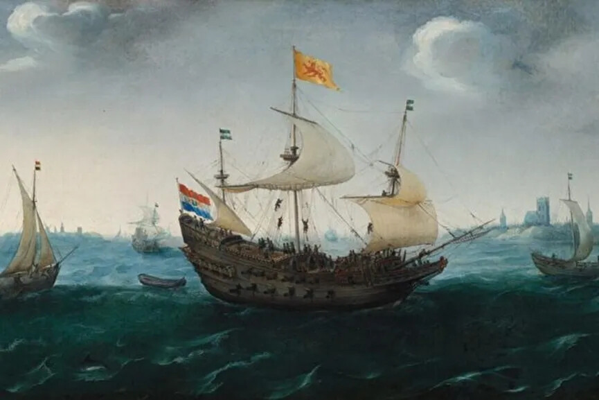 亨德里克·科涅里茨·弗鲁姆
《海上舰队》
（A Fleet at Sea）
1614年，油画
华盛顿国家艺廊
