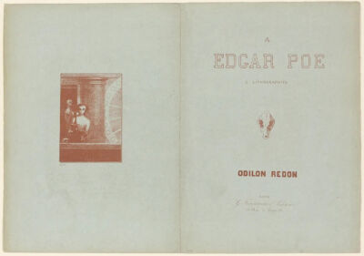 Portfolio cover, from To Edgar Poe,1882,Bi-fold portfolio cover with lithographed text and images front and back, printed in brick-red on blue-green wove paper,16.4x11.5cm