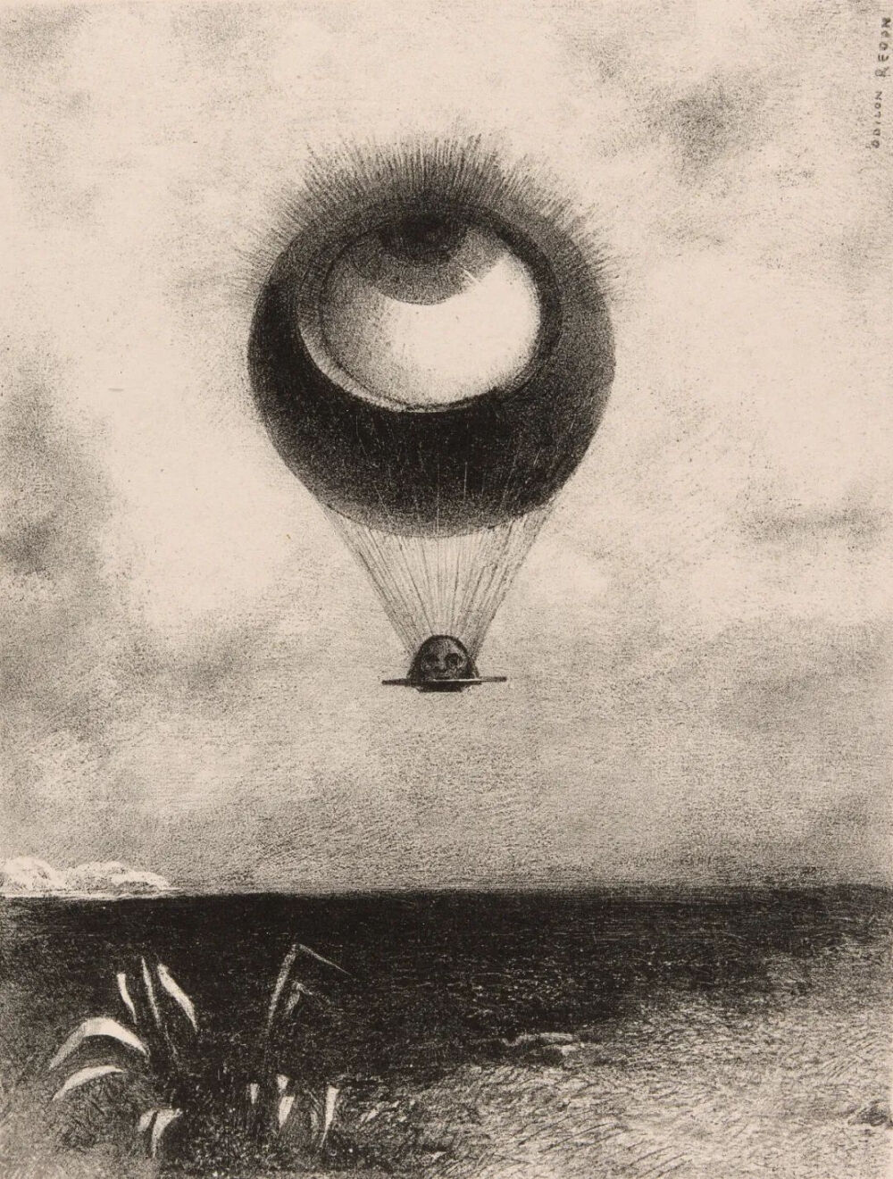 The Eye, Like a Strange Balloon Moves Towards Infinity, plate one from To Edgar Poe,1882,Lithograph in black on ivory China paper, laid down on white wove paper,26.3×19.8cm