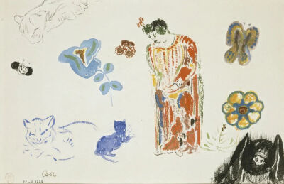 Feuille d'étudesfemme,fleurs et animaux,1910-1914,Aquarelle Lavis d'encre Encre noire Papier,15.5x23.7cm