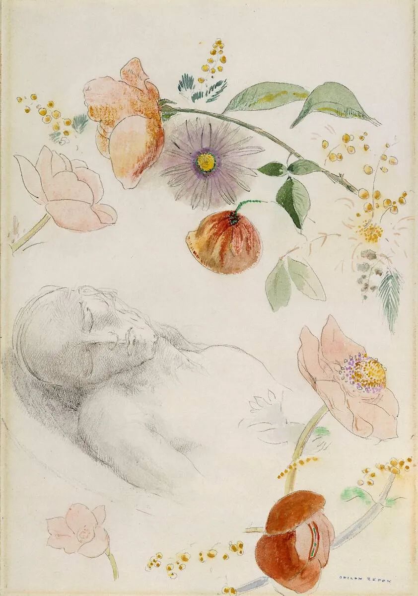 Buste d'homme aux yeux clos,entouré de fleurs(pavot,renoncule,aster des Alpes),1910-1914,Crayon noir,plume,lavis d'encre,sur papier vélin,25.5x17.7cm