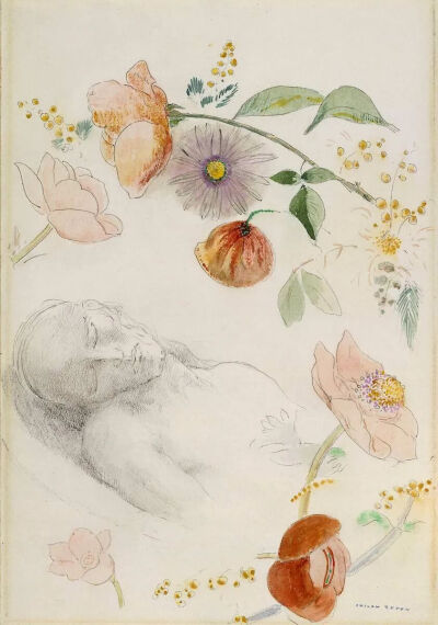 Buste d'homme aux yeux clos,entouré de fleurs(pavot,renoncule,aster des Alpes),1910-1914,Crayon noir,plume,lavis d'encre,sur papier vélin,25.5x17.7cm