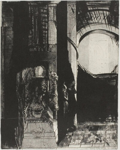 And On Every Side Are Columns of Basalt,...the Light Falls From the Vaulted Roof,1896,Lithograph in black on light gray China paper laid down on ivory wove paper,24.3×19.2cm