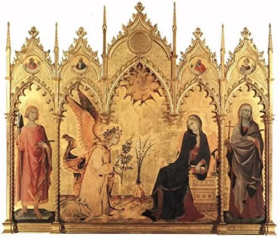 西蒙·马丁尼和利波·梅米（Simone Martini and Lippo Memmi）
《天使报喜与两位圣徒》（Annunciation With Two Saints）
1333年，木板、蛋彩画。8英尺8英寸×10英尺
乌菲兹美术馆
