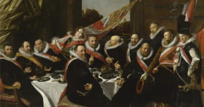 弗兰斯·哈尔斯《圣乔治射手连军官们的宴会》
（The Banquet of the Officers of the St George Militia Company）
1616年，油画，175cmx324cm.         
哈尔斯博物馆
