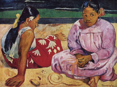 图为高更著名的画作：《沙滩上的大溪地女人》
（Tahitian Women on the Beach）
油彩，69 × 91 cm，1891
现藏巴黎奥塞美术馆
