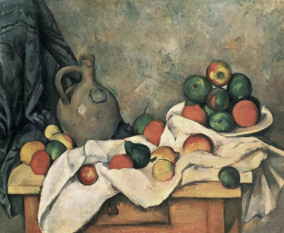 塞尚《静物,窗帘,投壶,水果碗》
（Still Life, Drapery, Pitcher, and Fruit Bowl）
1893年，帆布油画
