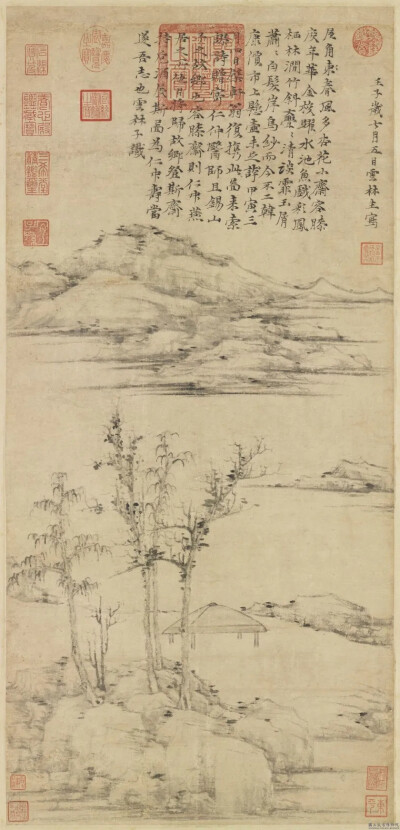 倪瓒《容膝斋图》
立轴，纸本水墨
74.7cm×35.5cm
