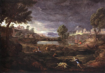 《有披拉美与缇斯比的暴风雨风景》（Stormy Landscape with Pyramus and Thisbe）1651年，高192cmX宽273cm德国法兰克福施泰德美术馆藏