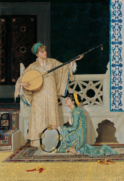 奥斯曼·哈马迪·贝伊
《二名乐伎》（Two Musician Girls）
1880年，帆布油画，39cm×58cm
