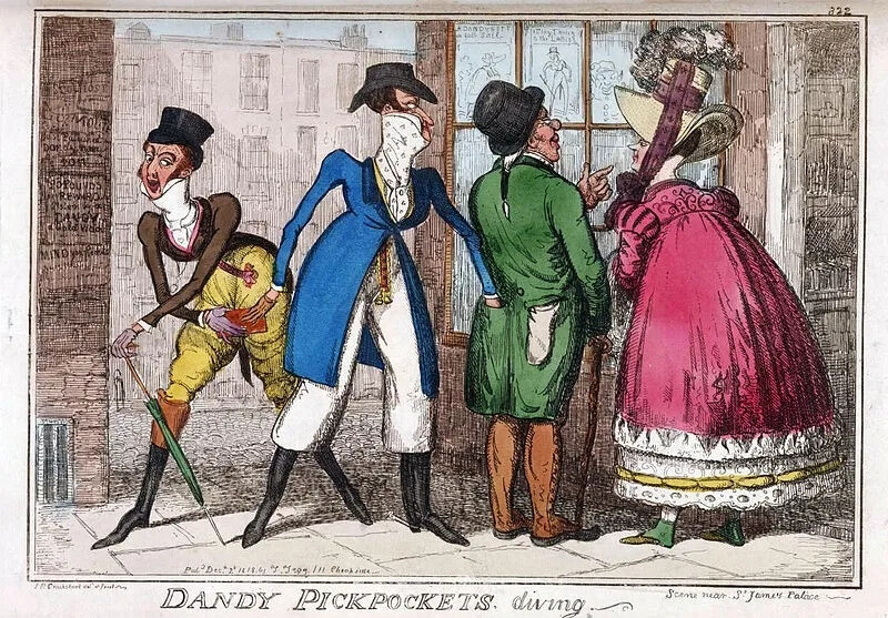 Isaac Robert Cruikshank
《圣詹姆士宫殿附近花花公子行窃记》
(Dandy PickPockets Diving: SceneNear St. James Palace )
1818年，手工上色蚀刻版画, 25.6cm x 41.8cm
