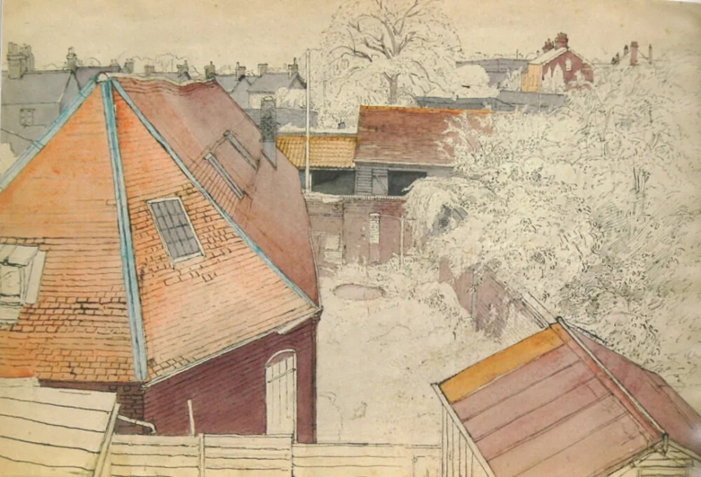 瑞克利夫《波达屋顶一景》
（Rooftop View, Baldock）
1930年代，水彩、墨水
