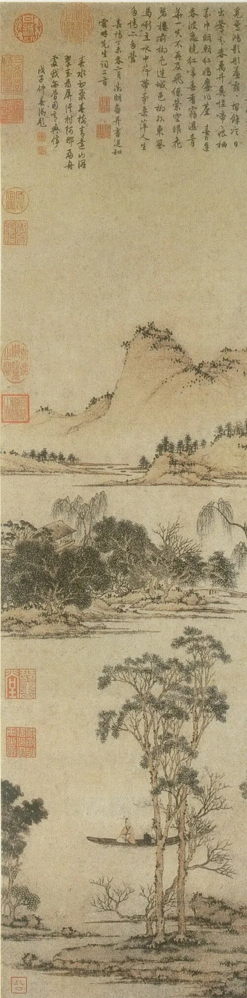 文征明作于1547年的《江南春》轴
文征明是江苏长洲人，学画于沈周，为明四大家之一
此图秀丽雅致，春意淡然
文士一名独自泛舟，很可能是文征明自况之作
