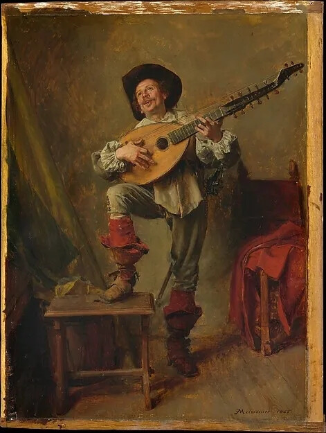 让-路易-欧内斯特‧梅索尼埃
（Jean-Louis-Ernest Meissonier，1815-1891）
《弹奏大低音鲁特琴的士兵》
（Soldier Playing the Theorbo）
1865年作，板上油画
 21.9×29.2cm，纽约大都会艺术博物馆藏
