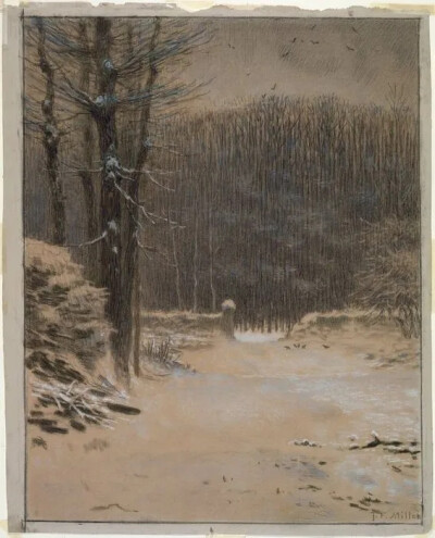 米勒《冬日的巴比松森林入口》（Entrance to the Forest at Barbizon in Winter）炭笔和彩色铅笔画，1866-1867年作波士顿美术馆藏
