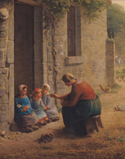 米勒《喂食》（Feeding the Young）布面油画，1850年作，法国里尔美术馆藏