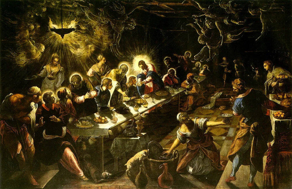 《最后的晚餐》（The Last Supper）1592至1594年，油彩画布365cm×568cm，威尼斯圣乔治教堂