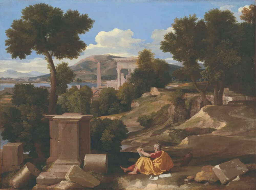 尼古拉·普桑（Nicolas Poussin）
《圣约翰在巴特摩斯的风景画》
（Landscape with St John on Patmos）
1640年，芝加哥艺术馆
