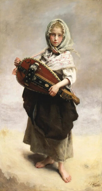 古斯塔夫·让·雅凯《游吟女孩》（Girl Minstrel）1881年作，布面油画145 × 79 cm，克莱斯勒艺术博物馆藏